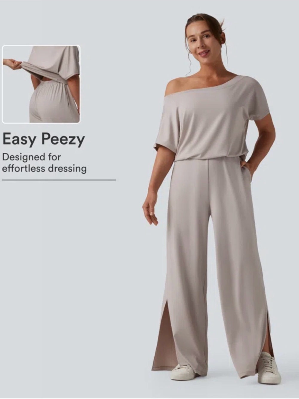 Halara One-shoulder Short Sleeve Split Hem  Jumpsuit with Pockets-Easy Peezy